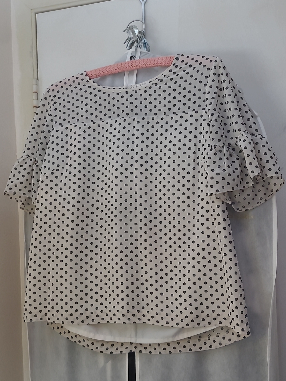 J. Crew Cream Blouse with Black Polka Dots and Ruffle Sleeves